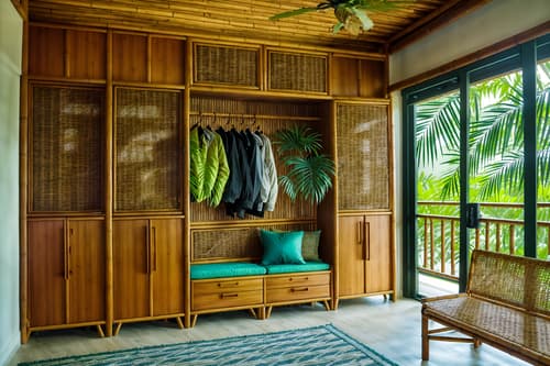 photo from pinterest of tropical-style interior designed (drop zone interior) with wall hooks for coats and a bench and storage drawers and high up storage and cubbies and cabinets and storage baskets and shelves for shoes. . with teak and palm trees and rattan and bamboo and cane motifs and palm leaves and wicker and lattice prints. . cinematic photo, highly detailed, cinematic lighting, ultra-detailed, ultrarealistic, photorealism, 8k. trending on pinterest. tropical interior design style. masterpiece, cinematic light, ultrarealistic+, photorealistic+, 8k, raw photo, realistic, sharp focus on eyes, (symmetrical eyes), (intact eyes), hyperrealistic, highest quality, best quality, , highly detailed, masterpiece, best quality, extremely detailed 8k wallpaper, masterpiece, best quality, ultra-detailed, best shadow, detailed background, detailed face, detailed eyes, high contrast, best illumination, detailed face, dulux, caustic, dynamic angle, detailed glow. dramatic lighting. highly detailed, insanely detailed hair, symmetrical, intricate details, professionally retouched, 8k high definition. strong bokeh. award winning photo.