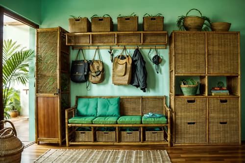 photo from pinterest of tropical-style interior designed (drop zone interior) with wall hooks for coats and a bench and storage drawers and high up storage and cubbies and cabinets and storage baskets and shelves for shoes. . with teak and palm trees and rattan and bamboo and cane motifs and palm leaves and wicker and lattice prints. . cinematic photo, highly detailed, cinematic lighting, ultra-detailed, ultrarealistic, photorealism, 8k. trending on pinterest. tropical interior design style. masterpiece, cinematic light, ultrarealistic+, photorealistic+, 8k, raw photo, realistic, sharp focus on eyes, (symmetrical eyes), (intact eyes), hyperrealistic, highest quality, best quality, , highly detailed, masterpiece, best quality, extremely detailed 8k wallpaper, masterpiece, best quality, ultra-detailed, best shadow, detailed background, detailed face, detailed eyes, high contrast, best illumination, detailed face, dulux, caustic, dynamic angle, detailed glow. dramatic lighting. highly detailed, insanely detailed hair, symmetrical, intricate details, professionally retouched, 8k high definition. strong bokeh. award winning photo.