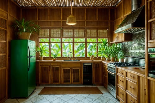 photo from pinterest of tropical-style interior designed (kitchen interior) with stove and refrigerator and plant and kitchen cabinets and sink and worktops and stove. . with palm leaves and bamboo and teak and rattan and palm trees and wicker and cane motifs and lattice prints. . cinematic photo, highly detailed, cinematic lighting, ultra-detailed, ultrarealistic, photorealism, 8k. trending on pinterest. tropical interior design style. masterpiece, cinematic light, ultrarealistic+, photorealistic+, 8k, raw photo, realistic, sharp focus on eyes, (symmetrical eyes), (intact eyes), hyperrealistic, highest quality, best quality, , highly detailed, masterpiece, best quality, extremely detailed 8k wallpaper, masterpiece, best quality, ultra-detailed, best shadow, detailed background, detailed face, detailed eyes, high contrast, best illumination, detailed face, dulux, caustic, dynamic angle, detailed glow. dramatic lighting. highly detailed, insanely detailed hair, symmetrical, intricate details, professionally retouched, 8k high definition. strong bokeh. award winning photo.