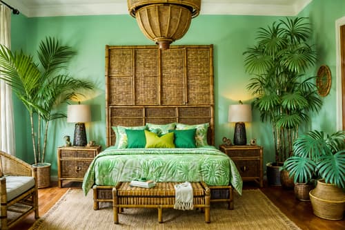 photo from pinterest of tropical-style interior designed (bedroom interior) with storage bench or ottoman and accent chair and plant and mirror and night light and dresser closet and bedside table or night stand and bed. . with palm trees and teak and rattan and wicker and palm leaves and bamboo and lattice prints and cane motifs. . cinematic photo, highly detailed, cinematic lighting, ultra-detailed, ultrarealistic, photorealism, 8k. trending on pinterest. tropical interior design style. masterpiece, cinematic light, ultrarealistic+, photorealistic+, 8k, raw photo, realistic, sharp focus on eyes, (symmetrical eyes), (intact eyes), hyperrealistic, highest quality, best quality, , highly detailed, masterpiece, best quality, extremely detailed 8k wallpaper, masterpiece, best quality, ultra-detailed, best shadow, detailed background, detailed face, detailed eyes, high contrast, best illumination, detailed face, dulux, caustic, dynamic angle, detailed glow. dramatic lighting. highly detailed, insanely detailed hair, symmetrical, intricate details, professionally retouched, 8k high definition. strong bokeh. award winning photo.