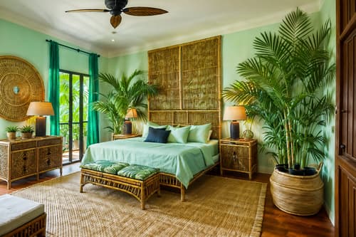 photo from pinterest of tropical-style interior designed (bedroom interior) with storage bench or ottoman and accent chair and plant and mirror and night light and dresser closet and bedside table or night stand and bed. . with palm trees and teak and rattan and wicker and palm leaves and bamboo and lattice prints and cane motifs. . cinematic photo, highly detailed, cinematic lighting, ultra-detailed, ultrarealistic, photorealism, 8k. trending on pinterest. tropical interior design style. masterpiece, cinematic light, ultrarealistic+, photorealistic+, 8k, raw photo, realistic, sharp focus on eyes, (symmetrical eyes), (intact eyes), hyperrealistic, highest quality, best quality, , highly detailed, masterpiece, best quality, extremely detailed 8k wallpaper, masterpiece, best quality, ultra-detailed, best shadow, detailed background, detailed face, detailed eyes, high contrast, best illumination, detailed face, dulux, caustic, dynamic angle, detailed glow. dramatic lighting. highly detailed, insanely detailed hair, symmetrical, intricate details, professionally retouched, 8k high definition. strong bokeh. award winning photo.