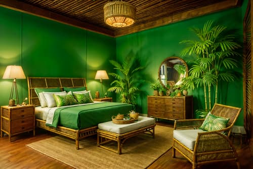 photo from pinterest of tropical-style interior designed (bedroom interior) with storage bench or ottoman and accent chair and plant and mirror and night light and dresser closet and bedside table or night stand and bed. . with palm trees and teak and rattan and wicker and palm leaves and bamboo and lattice prints and cane motifs. . cinematic photo, highly detailed, cinematic lighting, ultra-detailed, ultrarealistic, photorealism, 8k. trending on pinterest. tropical interior design style. masterpiece, cinematic light, ultrarealistic+, photorealistic+, 8k, raw photo, realistic, sharp focus on eyes, (symmetrical eyes), (intact eyes), hyperrealistic, highest quality, best quality, , highly detailed, masterpiece, best quality, extremely detailed 8k wallpaper, masterpiece, best quality, ultra-detailed, best shadow, detailed background, detailed face, detailed eyes, high contrast, best illumination, detailed face, dulux, caustic, dynamic angle, detailed glow. dramatic lighting. highly detailed, insanely detailed hair, symmetrical, intricate details, professionally retouched, 8k high definition. strong bokeh. award winning photo.