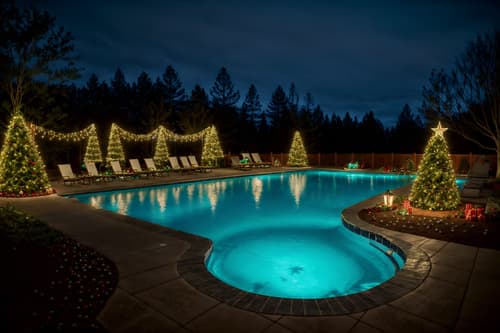 photo from pinterest of christmas-style designed (outdoor pool area ) with pool and pool lights and pool lounge chairs and pool. . with tie pinecones and berries and snow outside and plaid rugs and giftwrapped gifts and christmas ornaments and berries and greenery draped and ribbons and a few big socks hanging. . cinematic photo, highly detailed, cinematic lighting, ultra-detailed, ultrarealistic, photorealism, 8k. trending on pinterest. christmas design style. masterpiece, cinematic light, ultrarealistic+, photorealistic+, 8k, raw photo, realistic, sharp focus on eyes, (symmetrical eyes), (intact eyes), hyperrealistic, highest quality, best quality, , highly detailed, masterpiece, best quality, extremely detailed 8k wallpaper, masterpiece, best quality, ultra-detailed, best shadow, detailed background, detailed face, detailed eyes, high contrast, best illumination, detailed face, dulux, caustic, dynamic angle, detailed glow. dramatic lighting. highly detailed, insanely detailed hair, symmetrical, intricate details, professionally retouched, 8k high definition. strong bokeh. award winning photo.
