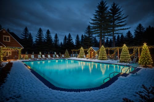 photo from pinterest of christmas-style designed (outdoor pool area ) with pool and pool lights and pool lounge chairs and pool. . with tie pinecones and berries and snow outside and plaid rugs and giftwrapped gifts and christmas ornaments and berries and greenery draped and ribbons and a few big socks hanging. . cinematic photo, highly detailed, cinematic lighting, ultra-detailed, ultrarealistic, photorealism, 8k. trending on pinterest. christmas design style. masterpiece, cinematic light, ultrarealistic+, photorealistic+, 8k, raw photo, realistic, sharp focus on eyes, (symmetrical eyes), (intact eyes), hyperrealistic, highest quality, best quality, , highly detailed, masterpiece, best quality, extremely detailed 8k wallpaper, masterpiece, best quality, ultra-detailed, best shadow, detailed background, detailed face, detailed eyes, high contrast, best illumination, detailed face, dulux, caustic, dynamic angle, detailed glow. dramatic lighting. highly detailed, insanely detailed hair, symmetrical, intricate details, professionally retouched, 8k high definition. strong bokeh. award winning photo.