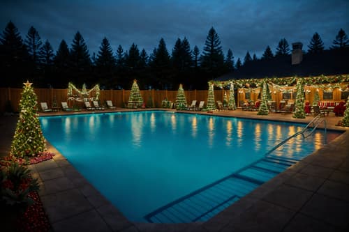 photo from pinterest of christmas-style designed (outdoor pool area ) with pool and pool lights and pool lounge chairs and pool. . with tie pinecones and berries and snow outside and plaid rugs and giftwrapped gifts and christmas ornaments and berries and greenery draped and ribbons and a few big socks hanging. . cinematic photo, highly detailed, cinematic lighting, ultra-detailed, ultrarealistic, photorealism, 8k. trending on pinterest. christmas design style. masterpiece, cinematic light, ultrarealistic+, photorealistic+, 8k, raw photo, realistic, sharp focus on eyes, (symmetrical eyes), (intact eyes), hyperrealistic, highest quality, best quality, , highly detailed, masterpiece, best quality, extremely detailed 8k wallpaper, masterpiece, best quality, ultra-detailed, best shadow, detailed background, detailed face, detailed eyes, high contrast, best illumination, detailed face, dulux, caustic, dynamic angle, detailed glow. dramatic lighting. highly detailed, insanely detailed hair, symmetrical, intricate details, professionally retouched, 8k high definition. strong bokeh. award winning photo.
