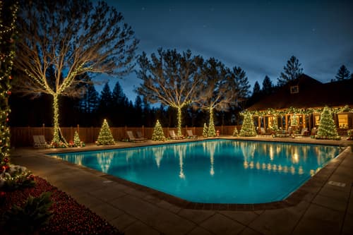photo from pinterest of christmas-style designed (outdoor pool area ) with pool and pool lights and pool lounge chairs and pool. . with tie pinecones and berries and snow outside and plaid rugs and giftwrapped gifts and christmas ornaments and berries and greenery draped and ribbons and a few big socks hanging. . cinematic photo, highly detailed, cinematic lighting, ultra-detailed, ultrarealistic, photorealism, 8k. trending on pinterest. christmas design style. masterpiece, cinematic light, ultrarealistic+, photorealistic+, 8k, raw photo, realistic, sharp focus on eyes, (symmetrical eyes), (intact eyes), hyperrealistic, highest quality, best quality, , highly detailed, masterpiece, best quality, extremely detailed 8k wallpaper, masterpiece, best quality, ultra-detailed, best shadow, detailed background, detailed face, detailed eyes, high contrast, best illumination, detailed face, dulux, caustic, dynamic angle, detailed glow. dramatic lighting. highly detailed, insanely detailed hair, symmetrical, intricate details, professionally retouched, 8k high definition. strong bokeh. award winning photo.
