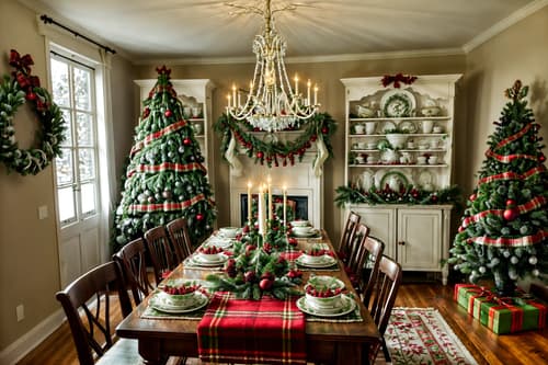 photo from pinterest of christmas-style interior designed (dining room interior) with bookshelves and dining table chairs and dining table and plant and plates, cutlery and glasses on dining table and light or chandelier and vase and table cloth. . with ribbons and snow outside and plaid rugs and christmas ornaments and berries and greenery draped and tie pinecones and berries and a few big socks hanging and giftwrapped gifts. . cinematic photo, highly detailed, cinematic lighting, ultra-detailed, ultrarealistic, photorealism, 8k. trending on pinterest. christmas interior design style. masterpiece, cinematic light, ultrarealistic+, photorealistic+, 8k, raw photo, realistic, sharp focus on eyes, (symmetrical eyes), (intact eyes), hyperrealistic, highest quality, best quality, , highly detailed, masterpiece, best quality, extremely detailed 8k wallpaper, masterpiece, best quality, ultra-detailed, best shadow, detailed background, detailed face, detailed eyes, high contrast, best illumination, detailed face, dulux, caustic, dynamic angle, detailed glow. dramatic lighting. highly detailed, insanely detailed hair, symmetrical, intricate details, professionally retouched, 8k high definition. strong bokeh. award winning photo.