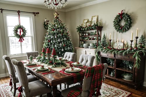 photo from pinterest of christmas-style interior designed (dining room interior) with bookshelves and dining table chairs and dining table and plant and plates, cutlery and glasses on dining table and light or chandelier and vase and table cloth. . with ribbons and snow outside and plaid rugs and christmas ornaments and berries and greenery draped and tie pinecones and berries and a few big socks hanging and giftwrapped gifts. . cinematic photo, highly detailed, cinematic lighting, ultra-detailed, ultrarealistic, photorealism, 8k. trending on pinterest. christmas interior design style. masterpiece, cinematic light, ultrarealistic+, photorealistic+, 8k, raw photo, realistic, sharp focus on eyes, (symmetrical eyes), (intact eyes), hyperrealistic, highest quality, best quality, , highly detailed, masterpiece, best quality, extremely detailed 8k wallpaper, masterpiece, best quality, ultra-detailed, best shadow, detailed background, detailed face, detailed eyes, high contrast, best illumination, detailed face, dulux, caustic, dynamic angle, detailed glow. dramatic lighting. highly detailed, insanely detailed hair, symmetrical, intricate details, professionally retouched, 8k high definition. strong bokeh. award winning photo.