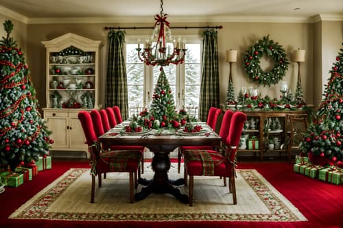 photo from pinterest of christmas-style interior designed (dining room interior) with bookshelves and dining table chairs and dining table and plant and plates, cutlery and glasses on dining table and light or chandelier and vase and table cloth. . with ribbons and snow outside and plaid rugs and christmas ornaments and berries and greenery draped and tie pinecones and berries and a few big socks hanging and giftwrapped gifts. . cinematic photo, highly detailed, cinematic lighting, ultra-detailed, ultrarealistic, photorealism, 8k. trending on pinterest. christmas interior design style. masterpiece, cinematic light, ultrarealistic+, photorealistic+, 8k, raw photo, realistic, sharp focus on eyes, (symmetrical eyes), (intact eyes), hyperrealistic, highest quality, best quality, , highly detailed, masterpiece, best quality, extremely detailed 8k wallpaper, masterpiece, best quality, ultra-detailed, best shadow, detailed background, detailed face, detailed eyes, high contrast, best illumination, detailed face, dulux, caustic, dynamic angle, detailed glow. dramatic lighting. highly detailed, insanely detailed hair, symmetrical, intricate details, professionally retouched, 8k high definition. strong bokeh. award winning photo.