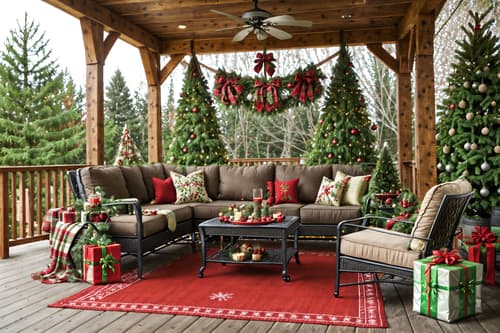 photo from pinterest of christmas-style designed (outdoor patio ) with barbeque or grill and grass and plant and patio couch with pillows and deck with deck chairs and barbeque or grill. . with a few big socks hanging and plaid rugs and christmas ornaments and snow outside and giftwrapped gifts and ribbons and berries and greenery draped and tie pinecones and berries. . cinematic photo, highly detailed, cinematic lighting, ultra-detailed, ultrarealistic, photorealism, 8k. trending on pinterest. christmas design style. masterpiece, cinematic light, ultrarealistic+, photorealistic+, 8k, raw photo, realistic, sharp focus on eyes, (symmetrical eyes), (intact eyes), hyperrealistic, highest quality, best quality, , highly detailed, masterpiece, best quality, extremely detailed 8k wallpaper, masterpiece, best quality, ultra-detailed, best shadow, detailed background, detailed face, detailed eyes, high contrast, best illumination, detailed face, dulux, caustic, dynamic angle, detailed glow. dramatic lighting. highly detailed, insanely detailed hair, symmetrical, intricate details, professionally retouched, 8k high definition. strong bokeh. award winning photo.