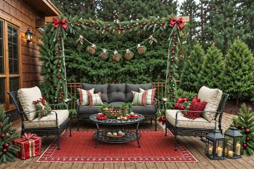 photo from pinterest of christmas-style designed (outdoor patio ) with barbeque or grill and grass and plant and patio couch with pillows and deck with deck chairs and barbeque or grill. . with a few big socks hanging and plaid rugs and christmas ornaments and snow outside and giftwrapped gifts and ribbons and berries and greenery draped and tie pinecones and berries. . cinematic photo, highly detailed, cinematic lighting, ultra-detailed, ultrarealistic, photorealism, 8k. trending on pinterest. christmas design style. masterpiece, cinematic light, ultrarealistic+, photorealistic+, 8k, raw photo, realistic, sharp focus on eyes, (symmetrical eyes), (intact eyes), hyperrealistic, highest quality, best quality, , highly detailed, masterpiece, best quality, extremely detailed 8k wallpaper, masterpiece, best quality, ultra-detailed, best shadow, detailed background, detailed face, detailed eyes, high contrast, best illumination, detailed face, dulux, caustic, dynamic angle, detailed glow. dramatic lighting. highly detailed, insanely detailed hair, symmetrical, intricate details, professionally retouched, 8k high definition. strong bokeh. award winning photo.