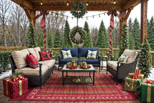 photo from pinterest of christmas-style designed (outdoor patio ) with barbeque or grill and grass and plant and patio couch with pillows and deck with deck chairs and barbeque or grill. . with a few big socks hanging and plaid rugs and christmas ornaments and snow outside and giftwrapped gifts and ribbons and berries and greenery draped and tie pinecones and berries. . cinematic photo, highly detailed, cinematic lighting, ultra-detailed, ultrarealistic, photorealism, 8k. trending on pinterest. christmas design style. masterpiece, cinematic light, ultrarealistic+, photorealistic+, 8k, raw photo, realistic, sharp focus on eyes, (symmetrical eyes), (intact eyes), hyperrealistic, highest quality, best quality, , highly detailed, masterpiece, best quality, extremely detailed 8k wallpaper, masterpiece, best quality, ultra-detailed, best shadow, detailed background, detailed face, detailed eyes, high contrast, best illumination, detailed face, dulux, caustic, dynamic angle, detailed glow. dramatic lighting. highly detailed, insanely detailed hair, symmetrical, intricate details, professionally retouched, 8k high definition. strong bokeh. award winning photo.