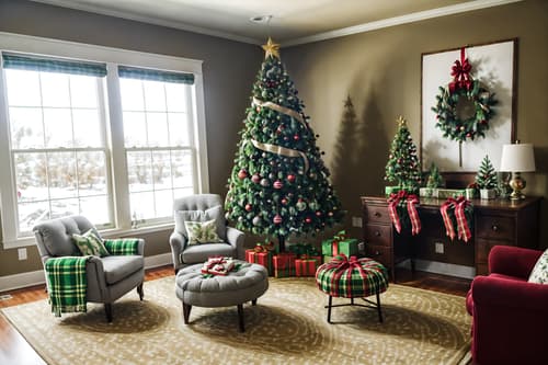 photo from pinterest of christmas-style interior designed (office interior) with lounge chairs and seating area with sofa and computer desks and windows and plants and office desks and cabinets and office chairs. . with christmas ornaments and ribbons and a few big socks hanging and plaid rugs and tie pinecones and berries and snow outside and giftwrapped gifts and berries and greenery draped. . cinematic photo, highly detailed, cinematic lighting, ultra-detailed, ultrarealistic, photorealism, 8k. trending on pinterest. christmas interior design style. masterpiece, cinematic light, ultrarealistic+, photorealistic+, 8k, raw photo, realistic, sharp focus on eyes, (symmetrical eyes), (intact eyes), hyperrealistic, highest quality, best quality, , highly detailed, masterpiece, best quality, extremely detailed 8k wallpaper, masterpiece, best quality, ultra-detailed, best shadow, detailed background, detailed face, detailed eyes, high contrast, best illumination, detailed face, dulux, caustic, dynamic angle, detailed glow. dramatic lighting. highly detailed, insanely detailed hair, symmetrical, intricate details, professionally retouched, 8k high definition. strong bokeh. award winning photo.
