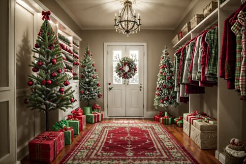 photo from pinterest of christmas-style interior designed (walk in closet interior) . with tie pinecones and berries and berries and greenery draped and plaid rugs and ribbons and a few big socks hanging and christmas ornaments and snow outside and giftwrapped gifts. . cinematic photo, highly detailed, cinematic lighting, ultra-detailed, ultrarealistic, photorealism, 8k. trending on pinterest. christmas interior design style. masterpiece, cinematic light, ultrarealistic+, photorealistic+, 8k, raw photo, realistic, sharp focus on eyes, (symmetrical eyes), (intact eyes), hyperrealistic, highest quality, best quality, , highly detailed, masterpiece, best quality, extremely detailed 8k wallpaper, masterpiece, best quality, ultra-detailed, best shadow, detailed background, detailed face, detailed eyes, high contrast, best illumination, detailed face, dulux, caustic, dynamic angle, detailed glow. dramatic lighting. highly detailed, insanely detailed hair, symmetrical, intricate details, professionally retouched, 8k high definition. strong bokeh. award winning photo.