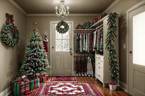 photo from pinterest of christmas-style interior designed (walk in closet interior) . with tie pinecones and berries and berries and greenery draped and plaid rugs and ribbons and a few big socks hanging and christmas ornaments and snow outside and giftwrapped gifts. . cinematic photo, highly detailed, cinematic lighting, ultra-detailed, ultrarealistic, photorealism, 8k. trending on pinterest. christmas interior design style. masterpiece, cinematic light, ultrarealistic+, photorealistic+, 8k, raw photo, realistic, sharp focus on eyes, (symmetrical eyes), (intact eyes), hyperrealistic, highest quality, best quality, , highly detailed, masterpiece, best quality, extremely detailed 8k wallpaper, masterpiece, best quality, ultra-detailed, best shadow, detailed background, detailed face, detailed eyes, high contrast, best illumination, detailed face, dulux, caustic, dynamic angle, detailed glow. dramatic lighting. highly detailed, insanely detailed hair, symmetrical, intricate details, professionally retouched, 8k high definition. strong bokeh. award winning photo.