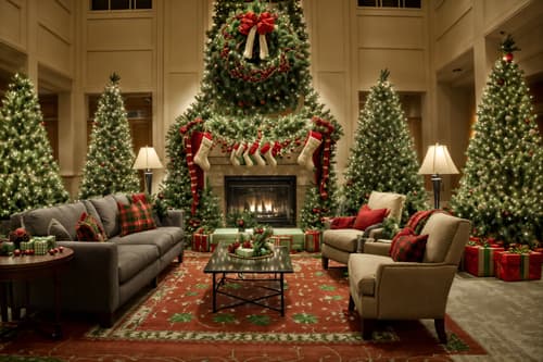 photo from pinterest of christmas-style interior designed (hotel lobby interior) with hanging lamps and sofas and coffee tables and lounge chairs and furniture and plant and rug and check in desk. . with a few big socks hanging and snow outside and giftwrapped gifts and plaid rugs and tie pinecones and berries and christmas ornaments and berries and greenery draped and ribbons. . cinematic photo, highly detailed, cinematic lighting, ultra-detailed, ultrarealistic, photorealism, 8k. trending on pinterest. christmas interior design style. masterpiece, cinematic light, ultrarealistic+, photorealistic+, 8k, raw photo, realistic, sharp focus on eyes, (symmetrical eyes), (intact eyes), hyperrealistic, highest quality, best quality, , highly detailed, masterpiece, best quality, extremely detailed 8k wallpaper, masterpiece, best quality, ultra-detailed, best shadow, detailed background, detailed face, detailed eyes, high contrast, best illumination, detailed face, dulux, caustic, dynamic angle, detailed glow. dramatic lighting. highly detailed, insanely detailed hair, symmetrical, intricate details, professionally retouched, 8k high definition. strong bokeh. award winning photo.