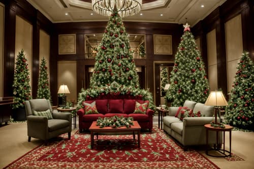 photo from pinterest of christmas-style interior designed (hotel lobby interior) with hanging lamps and sofas and coffee tables and lounge chairs and furniture and plant and rug and check in desk. . with a few big socks hanging and snow outside and giftwrapped gifts and plaid rugs and tie pinecones and berries and christmas ornaments and berries and greenery draped and ribbons. . cinematic photo, highly detailed, cinematic lighting, ultra-detailed, ultrarealistic, photorealism, 8k. trending on pinterest. christmas interior design style. masterpiece, cinematic light, ultrarealistic+, photorealistic+, 8k, raw photo, realistic, sharp focus on eyes, (symmetrical eyes), (intact eyes), hyperrealistic, highest quality, best quality, , highly detailed, masterpiece, best quality, extremely detailed 8k wallpaper, masterpiece, best quality, ultra-detailed, best shadow, detailed background, detailed face, detailed eyes, high contrast, best illumination, detailed face, dulux, caustic, dynamic angle, detailed glow. dramatic lighting. highly detailed, insanely detailed hair, symmetrical, intricate details, professionally retouched, 8k high definition. strong bokeh. award winning photo.