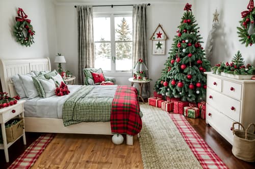 photo from pinterest of christmas-style interior designed (kids room interior) with bed and kids desk and bedside table or night stand and accent chair and plant and storage bench or ottoman and mirror and night light. . with berries and greenery draped and plaid rugs and giftwrapped gifts and snow outside and a few big socks hanging and tie pinecones and berries and ribbons and christmas ornaments. . cinematic photo, highly detailed, cinematic lighting, ultra-detailed, ultrarealistic, photorealism, 8k. trending on pinterest. christmas interior design style. masterpiece, cinematic light, ultrarealistic+, photorealistic+, 8k, raw photo, realistic, sharp focus on eyes, (symmetrical eyes), (intact eyes), hyperrealistic, highest quality, best quality, , highly detailed, masterpiece, best quality, extremely detailed 8k wallpaper, masterpiece, best quality, ultra-detailed, best shadow, detailed background, detailed face, detailed eyes, high contrast, best illumination, detailed face, dulux, caustic, dynamic angle, detailed glow. dramatic lighting. highly detailed, insanely detailed hair, symmetrical, intricate details, professionally retouched, 8k high definition. strong bokeh. award winning photo.