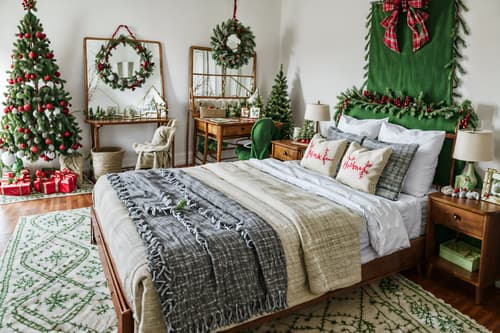 photo from pinterest of christmas-style interior designed (kids room interior) with bed and kids desk and bedside table or night stand and accent chair and plant and storage bench or ottoman and mirror and night light. . with berries and greenery draped and plaid rugs and giftwrapped gifts and snow outside and a few big socks hanging and tie pinecones and berries and ribbons and christmas ornaments. . cinematic photo, highly detailed, cinematic lighting, ultra-detailed, ultrarealistic, photorealism, 8k. trending on pinterest. christmas interior design style. masterpiece, cinematic light, ultrarealistic+, photorealistic+, 8k, raw photo, realistic, sharp focus on eyes, (symmetrical eyes), (intact eyes), hyperrealistic, highest quality, best quality, , highly detailed, masterpiece, best quality, extremely detailed 8k wallpaper, masterpiece, best quality, ultra-detailed, best shadow, detailed background, detailed face, detailed eyes, high contrast, best illumination, detailed face, dulux, caustic, dynamic angle, detailed glow. dramatic lighting. highly detailed, insanely detailed hair, symmetrical, intricate details, professionally retouched, 8k high definition. strong bokeh. award winning photo.