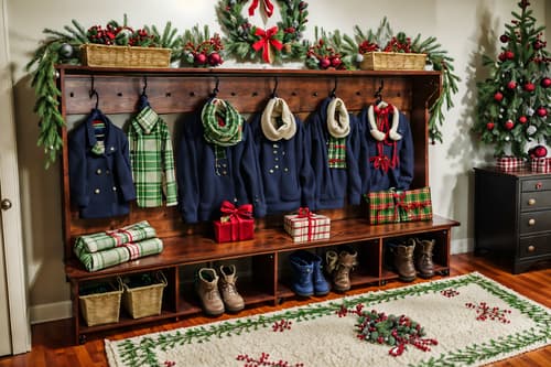 photo from pinterest of christmas-style interior designed (drop zone interior) with shelves for shoes and lockers and cabinets and a bench and storage baskets and storage drawers and cubbies and wall hooks for coats. . with snow outside and berries and greenery draped and a few big socks hanging and giftwrapped gifts and ribbons and tie pinecones and berries and christmas ornaments and plaid rugs. . cinematic photo, highly detailed, cinematic lighting, ultra-detailed, ultrarealistic, photorealism, 8k. trending on pinterest. christmas interior design style. masterpiece, cinematic light, ultrarealistic+, photorealistic+, 8k, raw photo, realistic, sharp focus on eyes, (symmetrical eyes), (intact eyes), hyperrealistic, highest quality, best quality, , highly detailed, masterpiece, best quality, extremely detailed 8k wallpaper, masterpiece, best quality, ultra-detailed, best shadow, detailed background, detailed face, detailed eyes, high contrast, best illumination, detailed face, dulux, caustic, dynamic angle, detailed glow. dramatic lighting. highly detailed, insanely detailed hair, symmetrical, intricate details, professionally retouched, 8k high definition. strong bokeh. award winning photo.