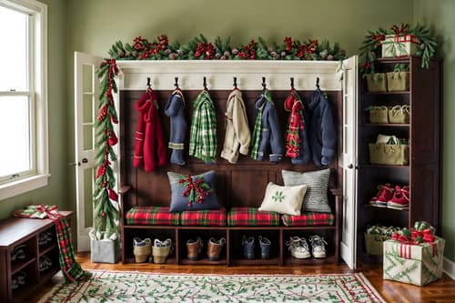 photo from pinterest of christmas-style interior designed (drop zone interior) with shelves for shoes and lockers and cabinets and a bench and storage baskets and storage drawers and cubbies and wall hooks for coats. . with snow outside and berries and greenery draped and a few big socks hanging and giftwrapped gifts and ribbons and tie pinecones and berries and christmas ornaments and plaid rugs. . cinematic photo, highly detailed, cinematic lighting, ultra-detailed, ultrarealistic, photorealism, 8k. trending on pinterest. christmas interior design style. masterpiece, cinematic light, ultrarealistic+, photorealistic+, 8k, raw photo, realistic, sharp focus on eyes, (symmetrical eyes), (intact eyes), hyperrealistic, highest quality, best quality, , highly detailed, masterpiece, best quality, extremely detailed 8k wallpaper, masterpiece, best quality, ultra-detailed, best shadow, detailed background, detailed face, detailed eyes, high contrast, best illumination, detailed face, dulux, caustic, dynamic angle, detailed glow. dramatic lighting. highly detailed, insanely detailed hair, symmetrical, intricate details, professionally retouched, 8k high definition. strong bokeh. award winning photo.