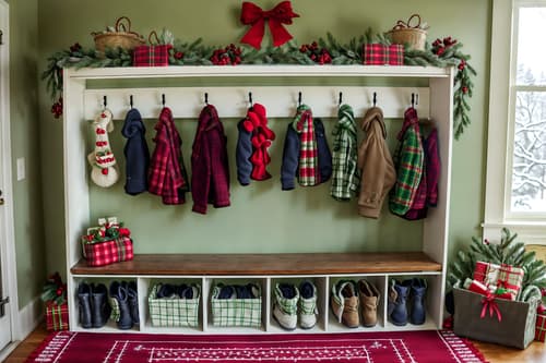 photo from pinterest of christmas-style interior designed (drop zone interior) with shelves for shoes and lockers and cabinets and a bench and storage baskets and storage drawers and cubbies and wall hooks for coats. . with snow outside and berries and greenery draped and a few big socks hanging and giftwrapped gifts and ribbons and tie pinecones and berries and christmas ornaments and plaid rugs. . cinematic photo, highly detailed, cinematic lighting, ultra-detailed, ultrarealistic, photorealism, 8k. trending on pinterest. christmas interior design style. masterpiece, cinematic light, ultrarealistic+, photorealistic+, 8k, raw photo, realistic, sharp focus on eyes, (symmetrical eyes), (intact eyes), hyperrealistic, highest quality, best quality, , highly detailed, masterpiece, best quality, extremely detailed 8k wallpaper, masterpiece, best quality, ultra-detailed, best shadow, detailed background, detailed face, detailed eyes, high contrast, best illumination, detailed face, dulux, caustic, dynamic angle, detailed glow. dramatic lighting. highly detailed, insanely detailed hair, symmetrical, intricate details, professionally retouched, 8k high definition. strong bokeh. award winning photo.