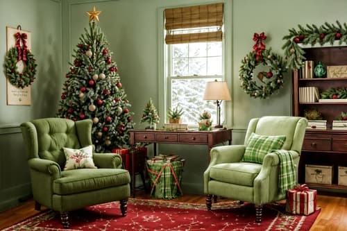 photo from pinterest of christmas-style interior designed (study room interior) with lounge chair and desk lamp and writing desk and cabinets and bookshelves and office chair and plant and lounge chair. . with berries and greenery draped and giftwrapped gifts and snow outside and ribbons and plaid rugs and a few big socks hanging and tie pinecones and berries and christmas ornaments. . cinematic photo, highly detailed, cinematic lighting, ultra-detailed, ultrarealistic, photorealism, 8k. trending on pinterest. christmas interior design style. masterpiece, cinematic light, ultrarealistic+, photorealistic+, 8k, raw photo, realistic, sharp focus on eyes, (symmetrical eyes), (intact eyes), hyperrealistic, highest quality, best quality, , highly detailed, masterpiece, best quality, extremely detailed 8k wallpaper, masterpiece, best quality, ultra-detailed, best shadow, detailed background, detailed face, detailed eyes, high contrast, best illumination, detailed face, dulux, caustic, dynamic angle, detailed glow. dramatic lighting. highly detailed, insanely detailed hair, symmetrical, intricate details, professionally retouched, 8k high definition. strong bokeh. award winning photo.
