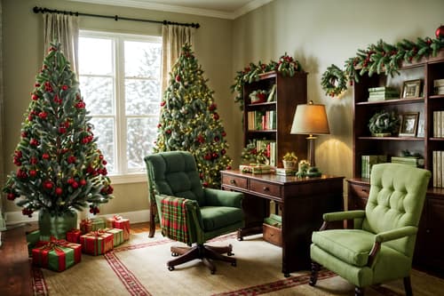 photo from pinterest of christmas-style interior designed (study room interior) with lounge chair and desk lamp and writing desk and cabinets and bookshelves and office chair and plant and lounge chair. . with berries and greenery draped and giftwrapped gifts and snow outside and ribbons and plaid rugs and a few big socks hanging and tie pinecones and berries and christmas ornaments. . cinematic photo, highly detailed, cinematic lighting, ultra-detailed, ultrarealistic, photorealism, 8k. trending on pinterest. christmas interior design style. masterpiece, cinematic light, ultrarealistic+, photorealistic+, 8k, raw photo, realistic, sharp focus on eyes, (symmetrical eyes), (intact eyes), hyperrealistic, highest quality, best quality, , highly detailed, masterpiece, best quality, extremely detailed 8k wallpaper, masterpiece, best quality, ultra-detailed, best shadow, detailed background, detailed face, detailed eyes, high contrast, best illumination, detailed face, dulux, caustic, dynamic angle, detailed glow. dramatic lighting. highly detailed, insanely detailed hair, symmetrical, intricate details, professionally retouched, 8k high definition. strong bokeh. award winning photo.