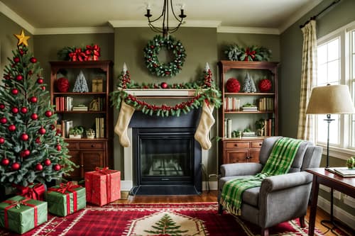 photo from pinterest of christmas-style interior designed (study room interior) with lounge chair and desk lamp and writing desk and cabinets and bookshelves and office chair and plant and lounge chair. . with berries and greenery draped and giftwrapped gifts and snow outside and ribbons and plaid rugs and a few big socks hanging and tie pinecones and berries and christmas ornaments. . cinematic photo, highly detailed, cinematic lighting, ultra-detailed, ultrarealistic, photorealism, 8k. trending on pinterest. christmas interior design style. masterpiece, cinematic light, ultrarealistic+, photorealistic+, 8k, raw photo, realistic, sharp focus on eyes, (symmetrical eyes), (intact eyes), hyperrealistic, highest quality, best quality, , highly detailed, masterpiece, best quality, extremely detailed 8k wallpaper, masterpiece, best quality, ultra-detailed, best shadow, detailed background, detailed face, detailed eyes, high contrast, best illumination, detailed face, dulux, caustic, dynamic angle, detailed glow. dramatic lighting. highly detailed, insanely detailed hair, symmetrical, intricate details, professionally retouched, 8k high definition. strong bokeh. award winning photo.