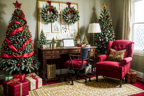photo from pinterest of christmas-style interior designed (study room interior) with lounge chair and desk lamp and writing desk and cabinets and bookshelves and office chair and plant and lounge chair. . with berries and greenery draped and giftwrapped gifts and snow outside and ribbons and plaid rugs and a few big socks hanging and tie pinecones and berries and christmas ornaments. . cinematic photo, highly detailed, cinematic lighting, ultra-detailed, ultrarealistic, photorealism, 8k. trending on pinterest. christmas interior design style. masterpiece, cinematic light, ultrarealistic+, photorealistic+, 8k, raw photo, realistic, sharp focus on eyes, (symmetrical eyes), (intact eyes), hyperrealistic, highest quality, best quality, , highly detailed, masterpiece, best quality, extremely detailed 8k wallpaper, masterpiece, best quality, ultra-detailed, best shadow, detailed background, detailed face, detailed eyes, high contrast, best illumination, detailed face, dulux, caustic, dynamic angle, detailed glow. dramatic lighting. highly detailed, insanely detailed hair, symmetrical, intricate details, professionally retouched, 8k high definition. strong bokeh. award winning photo.