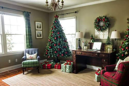 photo from pinterest of christmas-style interior designed (study room interior) with lounge chair and desk lamp and writing desk and cabinets and bookshelves and office chair and plant and lounge chair. . with berries and greenery draped and giftwrapped gifts and snow outside and ribbons and plaid rugs and a few big socks hanging and tie pinecones and berries and christmas ornaments. . cinematic photo, highly detailed, cinematic lighting, ultra-detailed, ultrarealistic, photorealism, 8k. trending on pinterest. christmas interior design style. masterpiece, cinematic light, ultrarealistic+, photorealistic+, 8k, raw photo, realistic, sharp focus on eyes, (symmetrical eyes), (intact eyes), hyperrealistic, highest quality, best quality, , highly detailed, masterpiece, best quality, extremely detailed 8k wallpaper, masterpiece, best quality, ultra-detailed, best shadow, detailed background, detailed face, detailed eyes, high contrast, best illumination, detailed face, dulux, caustic, dynamic angle, detailed glow. dramatic lighting. highly detailed, insanely detailed hair, symmetrical, intricate details, professionally retouched, 8k high definition. strong bokeh. award winning photo.