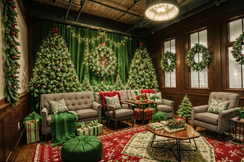 photo from pinterest of christmas-style interior designed (coworking space interior) with office desks and lounge chairs and seating area with sofa and office chairs and office desks. . with christmas ornaments and berries and greenery draped and snow outside and ribbons and giftwrapped gifts and a few big socks hanging and tie pinecones and berries and plaid rugs. . cinematic photo, highly detailed, cinematic lighting, ultra-detailed, ultrarealistic, photorealism, 8k. trending on pinterest. christmas interior design style. masterpiece, cinematic light, ultrarealistic+, photorealistic+, 8k, raw photo, realistic, sharp focus on eyes, (symmetrical eyes), (intact eyes), hyperrealistic, highest quality, best quality, , highly detailed, masterpiece, best quality, extremely detailed 8k wallpaper, masterpiece, best quality, ultra-detailed, best shadow, detailed background, detailed face, detailed eyes, high contrast, best illumination, detailed face, dulux, caustic, dynamic angle, detailed glow. dramatic lighting. highly detailed, insanely detailed hair, symmetrical, intricate details, professionally retouched, 8k high definition. strong bokeh. award winning photo.