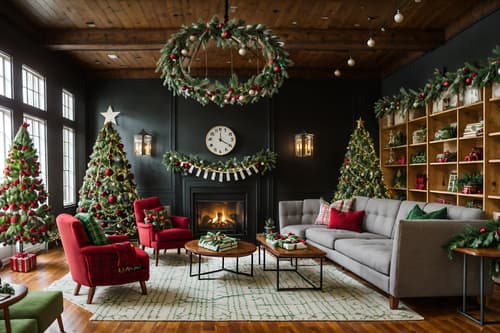 photo from pinterest of christmas-style interior designed (coworking space interior) with office desks and lounge chairs and seating area with sofa and office chairs and office desks. . with christmas ornaments and berries and greenery draped and snow outside and ribbons and giftwrapped gifts and a few big socks hanging and tie pinecones and berries and plaid rugs. . cinematic photo, highly detailed, cinematic lighting, ultra-detailed, ultrarealistic, photorealism, 8k. trending on pinterest. christmas interior design style. masterpiece, cinematic light, ultrarealistic+, photorealistic+, 8k, raw photo, realistic, sharp focus on eyes, (symmetrical eyes), (intact eyes), hyperrealistic, highest quality, best quality, , highly detailed, masterpiece, best quality, extremely detailed 8k wallpaper, masterpiece, best quality, ultra-detailed, best shadow, detailed background, detailed face, detailed eyes, high contrast, best illumination, detailed face, dulux, caustic, dynamic angle, detailed glow. dramatic lighting. highly detailed, insanely detailed hair, symmetrical, intricate details, professionally retouched, 8k high definition. strong bokeh. award winning photo.