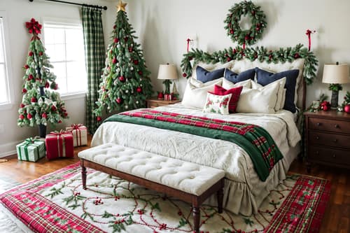 photo from pinterest of christmas-style interior designed (bedroom interior) with bed and storage bench or ottoman and headboard and plant and accent chair and bedside table or night stand and dresser closet and mirror. . with giftwrapped gifts and tie pinecones and berries and ribbons and berries and greenery draped and christmas ornaments and snow outside and plaid rugs and a few big socks hanging. . cinematic photo, highly detailed, cinematic lighting, ultra-detailed, ultrarealistic, photorealism, 8k. trending on pinterest. christmas interior design style. masterpiece, cinematic light, ultrarealistic+, photorealistic+, 8k, raw photo, realistic, sharp focus on eyes, (symmetrical eyes), (intact eyes), hyperrealistic, highest quality, best quality, , highly detailed, masterpiece, best quality, extremely detailed 8k wallpaper, masterpiece, best quality, ultra-detailed, best shadow, detailed background, detailed face, detailed eyes, high contrast, best illumination, detailed face, dulux, caustic, dynamic angle, detailed glow. dramatic lighting. highly detailed, insanely detailed hair, symmetrical, intricate details, professionally retouched, 8k high definition. strong bokeh. award winning photo.