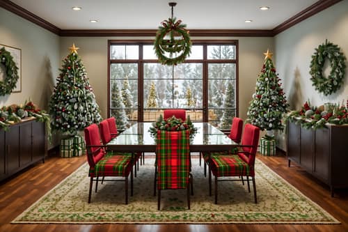 photo from pinterest of christmas-style interior designed (meeting room interior) with plant and vase and painting or photo on wall and cabinets and glass doors and boardroom table and office chairs and glass walls. . with berries and greenery draped and plaid rugs and christmas ornaments and tie pinecones and berries and a few big socks hanging and giftwrapped gifts and snow outside and ribbons. . cinematic photo, highly detailed, cinematic lighting, ultra-detailed, ultrarealistic, photorealism, 8k. trending on pinterest. christmas interior design style. masterpiece, cinematic light, ultrarealistic+, photorealistic+, 8k, raw photo, realistic, sharp focus on eyes, (symmetrical eyes), (intact eyes), hyperrealistic, highest quality, best quality, , highly detailed, masterpiece, best quality, extremely detailed 8k wallpaper, masterpiece, best quality, ultra-detailed, best shadow, detailed background, detailed face, detailed eyes, high contrast, best illumination, detailed face, dulux, caustic, dynamic angle, detailed glow. dramatic lighting. highly detailed, insanely detailed hair, symmetrical, intricate details, professionally retouched, 8k high definition. strong bokeh. award winning photo.
