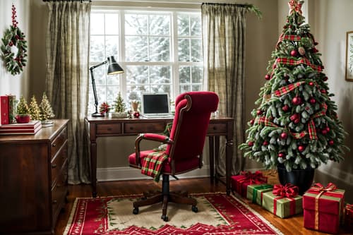 photo from pinterest of christmas-style interior designed (home office interior) with office chair and cabinets and plant and desk lamp and computer desk and office chair. . with a few big socks hanging and tie pinecones and berries and plaid rugs and berries and greenery draped and christmas ornaments and giftwrapped gifts and snow outside and ribbons. . cinematic photo, highly detailed, cinematic lighting, ultra-detailed, ultrarealistic, photorealism, 8k. trending on pinterest. christmas interior design style. masterpiece, cinematic light, ultrarealistic+, photorealistic+, 8k, raw photo, realistic, sharp focus on eyes, (symmetrical eyes), (intact eyes), hyperrealistic, highest quality, best quality, , highly detailed, masterpiece, best quality, extremely detailed 8k wallpaper, masterpiece, best quality, ultra-detailed, best shadow, detailed background, detailed face, detailed eyes, high contrast, best illumination, detailed face, dulux, caustic, dynamic angle, detailed glow. dramatic lighting. highly detailed, insanely detailed hair, symmetrical, intricate details, professionally retouched, 8k high definition. strong bokeh. award winning photo.