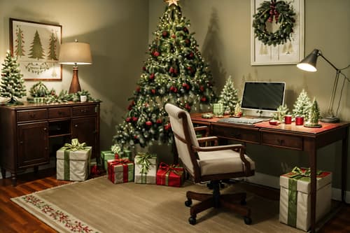 photo from pinterest of christmas-style interior designed (home office interior) with office chair and cabinets and plant and desk lamp and computer desk and office chair. . with a few big socks hanging and tie pinecones and berries and plaid rugs and berries and greenery draped and christmas ornaments and giftwrapped gifts and snow outside and ribbons. . cinematic photo, highly detailed, cinematic lighting, ultra-detailed, ultrarealistic, photorealism, 8k. trending on pinterest. christmas interior design style. masterpiece, cinematic light, ultrarealistic+, photorealistic+, 8k, raw photo, realistic, sharp focus on eyes, (symmetrical eyes), (intact eyes), hyperrealistic, highest quality, best quality, , highly detailed, masterpiece, best quality, extremely detailed 8k wallpaper, masterpiece, best quality, ultra-detailed, best shadow, detailed background, detailed face, detailed eyes, high contrast, best illumination, detailed face, dulux, caustic, dynamic angle, detailed glow. dramatic lighting. highly detailed, insanely detailed hair, symmetrical, intricate details, professionally retouched, 8k high definition. strong bokeh. award winning photo.