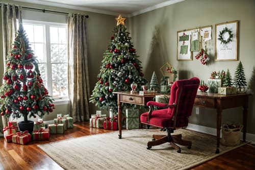 photo from pinterest of christmas-style interior designed (home office interior) with office chair and cabinets and plant and desk lamp and computer desk and office chair. . with a few big socks hanging and tie pinecones and berries and plaid rugs and berries and greenery draped and christmas ornaments and giftwrapped gifts and snow outside and ribbons. . cinematic photo, highly detailed, cinematic lighting, ultra-detailed, ultrarealistic, photorealism, 8k. trending on pinterest. christmas interior design style. masterpiece, cinematic light, ultrarealistic+, photorealistic+, 8k, raw photo, realistic, sharp focus on eyes, (symmetrical eyes), (intact eyes), hyperrealistic, highest quality, best quality, , highly detailed, masterpiece, best quality, extremely detailed 8k wallpaper, masterpiece, best quality, ultra-detailed, best shadow, detailed background, detailed face, detailed eyes, high contrast, best illumination, detailed face, dulux, caustic, dynamic angle, detailed glow. dramatic lighting. highly detailed, insanely detailed hair, symmetrical, intricate details, professionally retouched, 8k high definition. strong bokeh. award winning photo.