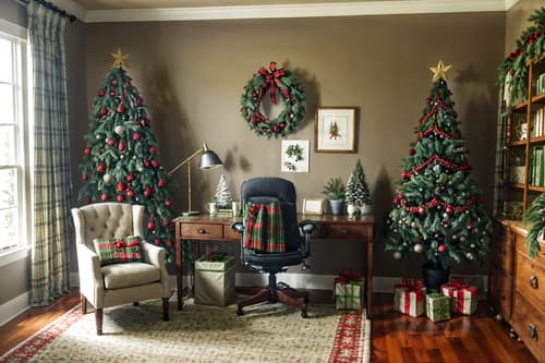 photo from pinterest of christmas-style interior designed (home office interior) with office chair and cabinets and plant and desk lamp and computer desk and office chair. . with a few big socks hanging and tie pinecones and berries and plaid rugs and berries and greenery draped and christmas ornaments and giftwrapped gifts and snow outside and ribbons. . cinematic photo, highly detailed, cinematic lighting, ultra-detailed, ultrarealistic, photorealism, 8k. trending on pinterest. christmas interior design style. masterpiece, cinematic light, ultrarealistic+, photorealistic+, 8k, raw photo, realistic, sharp focus on eyes, (symmetrical eyes), (intact eyes), hyperrealistic, highest quality, best quality, , highly detailed, masterpiece, best quality, extremely detailed 8k wallpaper, masterpiece, best quality, ultra-detailed, best shadow, detailed background, detailed face, detailed eyes, high contrast, best illumination, detailed face, dulux, caustic, dynamic angle, detailed glow. dramatic lighting. highly detailed, insanely detailed hair, symmetrical, intricate details, professionally retouched, 8k high definition. strong bokeh. award winning photo.
