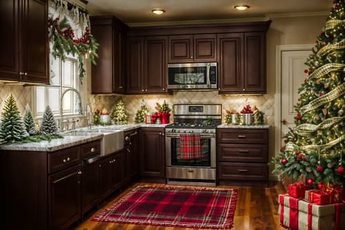 photo from pinterest of christmas-style interior designed (kitchen interior) with stove and kitchen cabinets and plant and worktops and sink and refrigerator and stove. . with snow outside and ribbons and plaid rugs and tie pinecones and berries and giftwrapped gifts and berries and greenery draped and a few big socks hanging and christmas ornaments. . cinematic photo, highly detailed, cinematic lighting, ultra-detailed, ultrarealistic, photorealism, 8k. trending on pinterest. christmas interior design style. masterpiece, cinematic light, ultrarealistic+, photorealistic+, 8k, raw photo, realistic, sharp focus on eyes, (symmetrical eyes), (intact eyes), hyperrealistic, highest quality, best quality, , highly detailed, masterpiece, best quality, extremely detailed 8k wallpaper, masterpiece, best quality, ultra-detailed, best shadow, detailed background, detailed face, detailed eyes, high contrast, best illumination, detailed face, dulux, caustic, dynamic angle, detailed glow. dramatic lighting. highly detailed, insanely detailed hair, symmetrical, intricate details, professionally retouched, 8k high definition. strong bokeh. award winning photo.