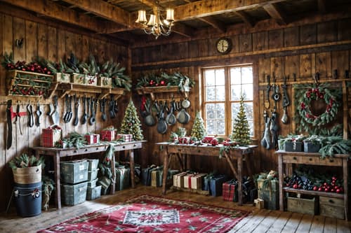 photo from pinterest of christmas-style interior designed (workshop interior) with tool wall and messy and wooden workbench and tool wall. . with snow outside and a few big socks hanging and berries and greenery draped and plaid rugs and christmas ornaments and tie pinecones and berries and ribbons and giftwrapped gifts. . cinematic photo, highly detailed, cinematic lighting, ultra-detailed, ultrarealistic, photorealism, 8k. trending on pinterest. christmas interior design style. masterpiece, cinematic light, ultrarealistic+, photorealistic+, 8k, raw photo, realistic, sharp focus on eyes, (symmetrical eyes), (intact eyes), hyperrealistic, highest quality, best quality, , highly detailed, masterpiece, best quality, extremely detailed 8k wallpaper, masterpiece, best quality, ultra-detailed, best shadow, detailed background, detailed face, detailed eyes, high contrast, best illumination, detailed face, dulux, caustic, dynamic angle, detailed glow. dramatic lighting. highly detailed, insanely detailed hair, symmetrical, intricate details, professionally retouched, 8k high definition. strong bokeh. award winning photo.