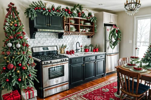 photo from pinterest of christmas-style interior designed (kitchen living combo interior) with furniture and refrigerator and sink and worktops and plant and plant and bookshelves and stove. . with berries and greenery draped and tie pinecones and berries and plaid rugs and a few big socks hanging and ribbons and giftwrapped gifts and snow outside and christmas ornaments. . cinematic photo, highly detailed, cinematic lighting, ultra-detailed, ultrarealistic, photorealism, 8k. trending on pinterest. christmas interior design style. masterpiece, cinematic light, ultrarealistic+, photorealistic+, 8k, raw photo, realistic, sharp focus on eyes, (symmetrical eyes), (intact eyes), hyperrealistic, highest quality, best quality, , highly detailed, masterpiece, best quality, extremely detailed 8k wallpaper, masterpiece, best quality, ultra-detailed, best shadow, detailed background, detailed face, detailed eyes, high contrast, best illumination, detailed face, dulux, caustic, dynamic angle, detailed glow. dramatic lighting. highly detailed, insanely detailed hair, symmetrical, intricate details, professionally retouched, 8k high definition. strong bokeh. award winning photo.