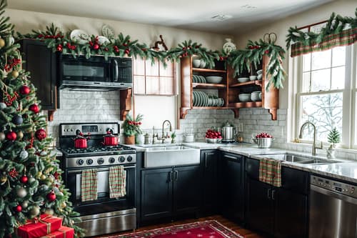 photo from pinterest of christmas-style interior designed (kitchen living combo interior) with furniture and refrigerator and sink and worktops and plant and plant and bookshelves and stove. . with berries and greenery draped and tie pinecones and berries and plaid rugs and a few big socks hanging and ribbons and giftwrapped gifts and snow outside and christmas ornaments. . cinematic photo, highly detailed, cinematic lighting, ultra-detailed, ultrarealistic, photorealism, 8k. trending on pinterest. christmas interior design style. masterpiece, cinematic light, ultrarealistic+, photorealistic+, 8k, raw photo, realistic, sharp focus on eyes, (symmetrical eyes), (intact eyes), hyperrealistic, highest quality, best quality, , highly detailed, masterpiece, best quality, extremely detailed 8k wallpaper, masterpiece, best quality, ultra-detailed, best shadow, detailed background, detailed face, detailed eyes, high contrast, best illumination, detailed face, dulux, caustic, dynamic angle, detailed glow. dramatic lighting. highly detailed, insanely detailed hair, symmetrical, intricate details, professionally retouched, 8k high definition. strong bokeh. award winning photo.