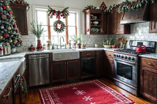 photo from pinterest of christmas-style interior designed (kitchen living combo interior) with furniture and refrigerator and sink and worktops and plant and plant and bookshelves and stove. . with berries and greenery draped and tie pinecones and berries and plaid rugs and a few big socks hanging and ribbons and giftwrapped gifts and snow outside and christmas ornaments. . cinematic photo, highly detailed, cinematic lighting, ultra-detailed, ultrarealistic, photorealism, 8k. trending on pinterest. christmas interior design style. masterpiece, cinematic light, ultrarealistic+, photorealistic+, 8k, raw photo, realistic, sharp focus on eyes, (symmetrical eyes), (intact eyes), hyperrealistic, highest quality, best quality, , highly detailed, masterpiece, best quality, extremely detailed 8k wallpaper, masterpiece, best quality, ultra-detailed, best shadow, detailed background, detailed face, detailed eyes, high contrast, best illumination, detailed face, dulux, caustic, dynamic angle, detailed glow. dramatic lighting. highly detailed, insanely detailed hair, symmetrical, intricate details, professionally retouched, 8k high definition. strong bokeh. award winning photo.