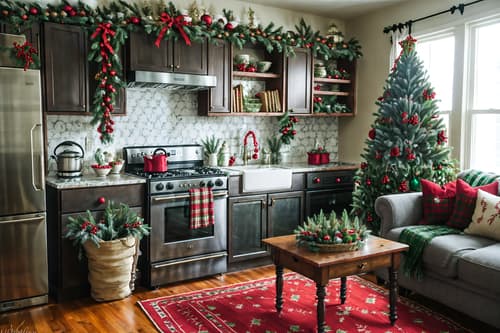 photo from pinterest of christmas-style interior designed (kitchen living combo interior) with furniture and refrigerator and sink and worktops and plant and plant and bookshelves and stove. . with berries and greenery draped and tie pinecones and berries and plaid rugs and a few big socks hanging and ribbons and giftwrapped gifts and snow outside and christmas ornaments. . cinematic photo, highly detailed, cinematic lighting, ultra-detailed, ultrarealistic, photorealism, 8k. trending on pinterest. christmas interior design style. masterpiece, cinematic light, ultrarealistic+, photorealistic+, 8k, raw photo, realistic, sharp focus on eyes, (symmetrical eyes), (intact eyes), hyperrealistic, highest quality, best quality, , highly detailed, masterpiece, best quality, extremely detailed 8k wallpaper, masterpiece, best quality, ultra-detailed, best shadow, detailed background, detailed face, detailed eyes, high contrast, best illumination, detailed face, dulux, caustic, dynamic angle, detailed glow. dramatic lighting. highly detailed, insanely detailed hair, symmetrical, intricate details, professionally retouched, 8k high definition. strong bokeh. award winning photo.