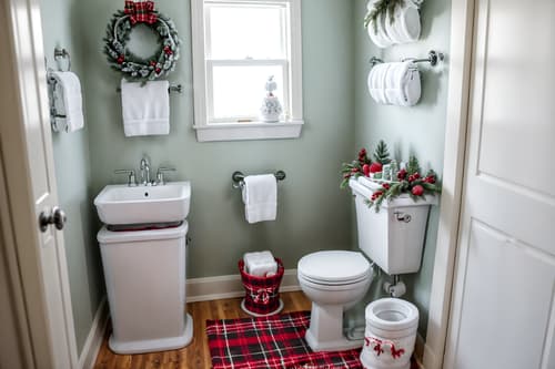 photo from pinterest of christmas-style interior designed (toilet interior) with sink with tap and toilet with toilet seat up and toilet paper hanger and sink with tap. . with plaid rugs and christmas ornaments and snow outside and a few big socks hanging and tie pinecones and berries and ribbons and giftwrapped gifts and berries and greenery draped. . cinematic photo, highly detailed, cinematic lighting, ultra-detailed, ultrarealistic, photorealism, 8k. trending on pinterest. christmas interior design style. masterpiece, cinematic light, ultrarealistic+, photorealistic+, 8k, raw photo, realistic, sharp focus on eyes, (symmetrical eyes), (intact eyes), hyperrealistic, highest quality, best quality, , highly detailed, masterpiece, best quality, extremely detailed 8k wallpaper, masterpiece, best quality, ultra-detailed, best shadow, detailed background, detailed face, detailed eyes, high contrast, best illumination, detailed face, dulux, caustic, dynamic angle, detailed glow. dramatic lighting. highly detailed, insanely detailed hair, symmetrical, intricate details, professionally retouched, 8k high definition. strong bokeh. award winning photo.
