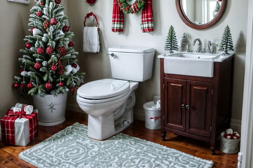photo from pinterest of christmas-style interior designed (toilet interior) with sink with tap and toilet with toilet seat up and toilet paper hanger and sink with tap. . with plaid rugs and christmas ornaments and snow outside and a few big socks hanging and tie pinecones and berries and ribbons and giftwrapped gifts and berries and greenery draped. . cinematic photo, highly detailed, cinematic lighting, ultra-detailed, ultrarealistic, photorealism, 8k. trending on pinterest. christmas interior design style. masterpiece, cinematic light, ultrarealistic+, photorealistic+, 8k, raw photo, realistic, sharp focus on eyes, (symmetrical eyes), (intact eyes), hyperrealistic, highest quality, best quality, , highly detailed, masterpiece, best quality, extremely detailed 8k wallpaper, masterpiece, best quality, ultra-detailed, best shadow, detailed background, detailed face, detailed eyes, high contrast, best illumination, detailed face, dulux, caustic, dynamic angle, detailed glow. dramatic lighting. highly detailed, insanely detailed hair, symmetrical, intricate details, professionally retouched, 8k high definition. strong bokeh. award winning photo.