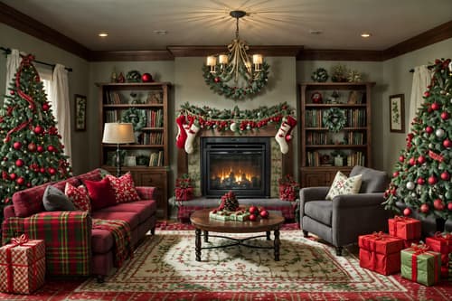 photo from pinterest of christmas-style interior designed (living room interior) with occasional tables and televisions and chairs and electric lamps and rug and sofa and furniture and bookshelves. . with a few big socks hanging and plaid rugs and christmas ornaments and snow outside and tie pinecones and berries and giftwrapped gifts and ribbons and berries and greenery draped. . cinematic photo, highly detailed, cinematic lighting, ultra-detailed, ultrarealistic, photorealism, 8k. trending on pinterest. christmas interior design style. masterpiece, cinematic light, ultrarealistic+, photorealistic+, 8k, raw photo, realistic, sharp focus on eyes, (symmetrical eyes), (intact eyes), hyperrealistic, highest quality, best quality, , highly detailed, masterpiece, best quality, extremely detailed 8k wallpaper, masterpiece, best quality, ultra-detailed, best shadow, detailed background, detailed face, detailed eyes, high contrast, best illumination, detailed face, dulux, caustic, dynamic angle, detailed glow. dramatic lighting. highly detailed, insanely detailed hair, symmetrical, intricate details, professionally retouched, 8k high definition. strong bokeh. award winning photo.