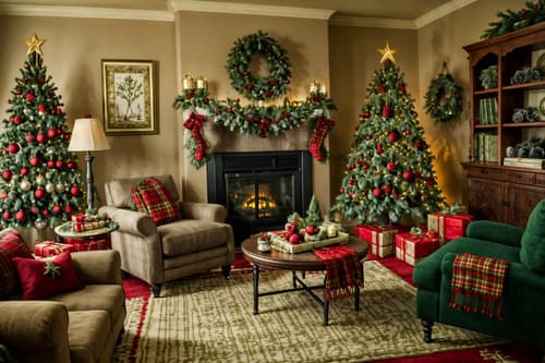 photo from pinterest of christmas-style interior designed (living room interior) with occasional tables and televisions and chairs and electric lamps and rug and sofa and furniture and bookshelves. . with a few big socks hanging and plaid rugs and christmas ornaments and snow outside and tie pinecones and berries and giftwrapped gifts and ribbons and berries and greenery draped. . cinematic photo, highly detailed, cinematic lighting, ultra-detailed, ultrarealistic, photorealism, 8k. trending on pinterest. christmas interior design style. masterpiece, cinematic light, ultrarealistic+, photorealistic+, 8k, raw photo, realistic, sharp focus on eyes, (symmetrical eyes), (intact eyes), hyperrealistic, highest quality, best quality, , highly detailed, masterpiece, best quality, extremely detailed 8k wallpaper, masterpiece, best quality, ultra-detailed, best shadow, detailed background, detailed face, detailed eyes, high contrast, best illumination, detailed face, dulux, caustic, dynamic angle, detailed glow. dramatic lighting. highly detailed, insanely detailed hair, symmetrical, intricate details, professionally retouched, 8k high definition. strong bokeh. award winning photo.
