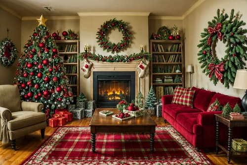 photo from pinterest of christmas-style interior designed (living room interior) with occasional tables and televisions and chairs and electric lamps and rug and sofa and furniture and bookshelves. . with a few big socks hanging and plaid rugs and christmas ornaments and snow outside and tie pinecones and berries and giftwrapped gifts and ribbons and berries and greenery draped. . cinematic photo, highly detailed, cinematic lighting, ultra-detailed, ultrarealistic, photorealism, 8k. trending on pinterest. christmas interior design style. masterpiece, cinematic light, ultrarealistic+, photorealistic+, 8k, raw photo, realistic, sharp focus on eyes, (symmetrical eyes), (intact eyes), hyperrealistic, highest quality, best quality, , highly detailed, masterpiece, best quality, extremely detailed 8k wallpaper, masterpiece, best quality, ultra-detailed, best shadow, detailed background, detailed face, detailed eyes, high contrast, best illumination, detailed face, dulux, caustic, dynamic angle, detailed glow. dramatic lighting. highly detailed, insanely detailed hair, symmetrical, intricate details, professionally retouched, 8k high definition. strong bokeh. award winning photo.
